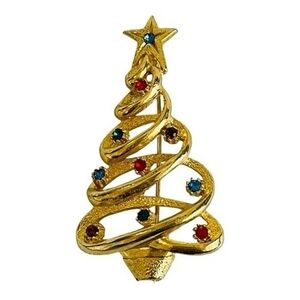 Vintage Gold Tone Christmas Tree Brooch Pin 2.25" Multi-Color Rhinestones